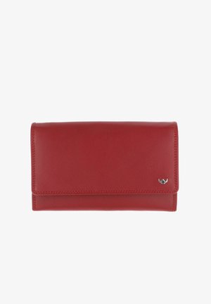 Portefeuille en cuir rouge avec design plié et petit emblème argenté en bas à droite, présenté fermé sur fond blanc.
