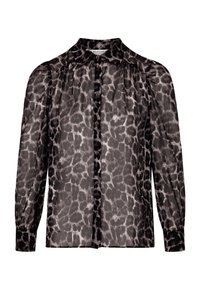 Blouse noire transparente avec un motif léopard, manches longues, col classique et fermeture à boutons. Le tissu texturé ajoute de la dimension.