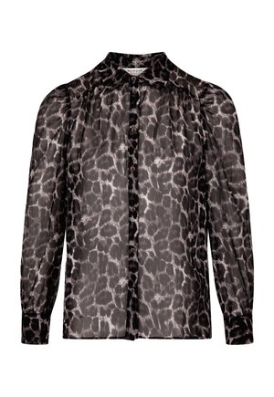 Sheer black blouse with a leopard print pattern, long sleeves, a classic collar, and button-down front. Textured fabric adds dimension.