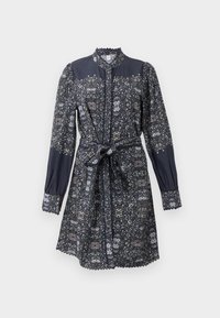Long-sleeve navy dress with floral pattern, lace collar and cuffs, button front, and matching fabric belt tied at waist.