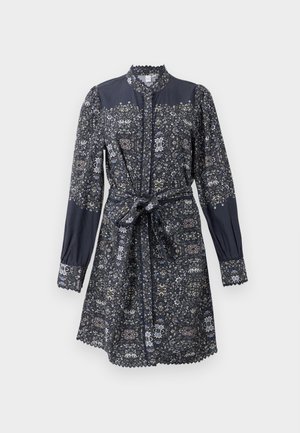 Long-sleeve navy dress with floral pattern, lace collar and cuffs, button front, and matching fabric belt tied at waist.