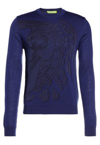 Pull en tricot bleu avec un graphique de lion en bleu foncé, col rond, manches longues et une coupe ajustée. Fabriqué en matériau doux et léger.