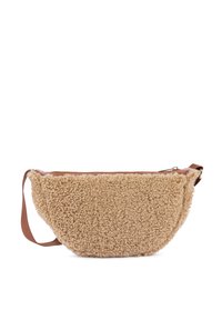 Faux fur crossbody bag in beige with a textured exterior, brown leather strap, and gold zipper detail. Sleek half-moon shape.
