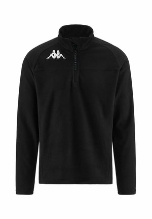 Pullover in pile nero con zip a un quarto e colletto alto. Presenta il logo bianco sul lato sinistro e elementi testurizzati lungo la zip.