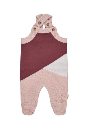 Knitted baby romper with crossed shoulder straps and buttons, featuring maroon, pink, and white color blocks and covered feet.
