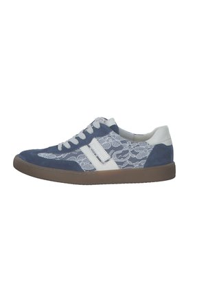 Blue suede sneaker featuring white lace panels, white stripes, gray accents, round toe, and a beige rubber sole. Laces in matching color.