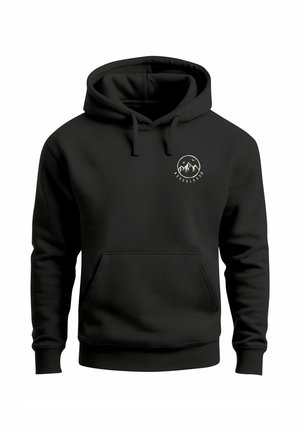 Schwarzer Hoodie mit einer Fronttasche, verstellbarem Kordelzug und einem runden Berg-Logo auf der Brust. Der Stoff wirkt weich und langlebig.