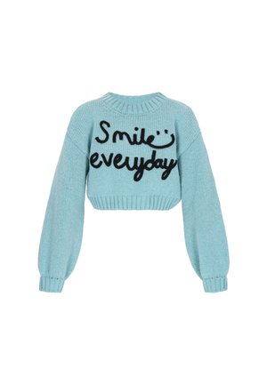 Helleblaue gestrickte kurze Sweater mit langen Ärmeln und schwarzem Text "Lächle jeden Tag" mit einem Smiley über dem Text.