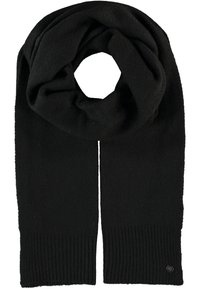Schwarzer Strickschal mit weicher Textur, der an den Enden eine gerippte Akzentuierung und ein kleines Logodetail aufweist. Kreisförmiges Design, leicht.