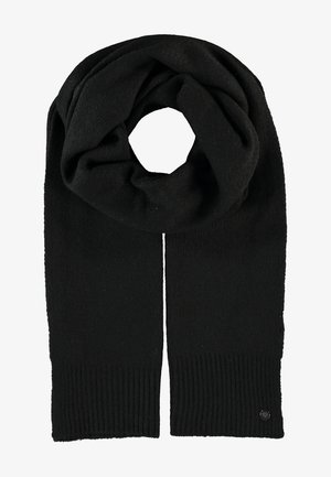 Fular negru din tricot cu o textură moale, având un accent canalat la capete și un detaliu mic cu logo. Formă circulară, design ușor.