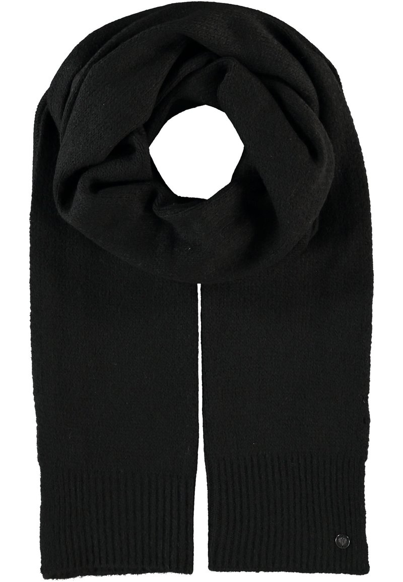Schwarzer Strickschal mit weicher Textur, der an den Enden eine gerippte Akzentuierung und ein kleines Logodetail aufweist. Kreisförmiges Design, leicht.