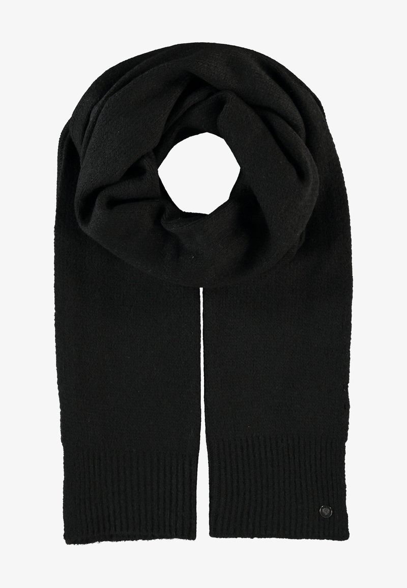 Fular negru din tricot cu o textură moale, având un accent canalat la capete și un detaliu mic cu logo. Formă circulară, design ușor.