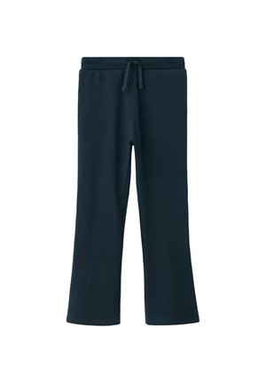 Pantalon décontracté bleu foncé avec ceinture élastique et cordon, coupe droite, en tissu doux.