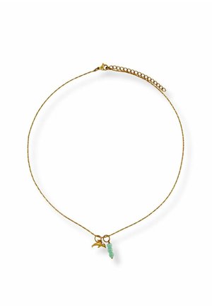Delicate gold chain necklace with adjustable clasp, featuring a small gold dolphin charm and three light blue bead charms.