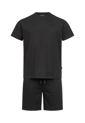 Svart bomulls-T-skjorte med rund hals og korte ermer, kombinert med matchende shorts med elastisk midjebånd og snøring.