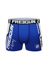 Boxers bleus avec un motif texturé, accents blancs et une ceinture noire arborant la marque "FREEGUN". Design orienté sports.