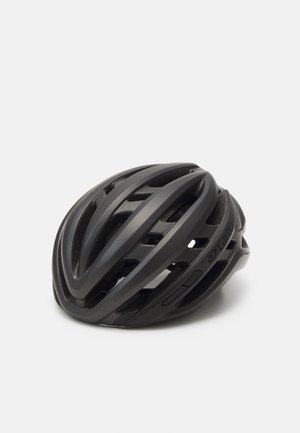 Casco da ciclismo nero con design aerodinamico, dotato di più fessure di ventilazione e una finitura opaca liscia. Logo visibile sul lato.