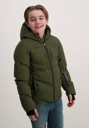 Green puffer jacket with a hood, zippered front, and side pockets. Black accents on cuffs and a logo on the sleeve. Lightweight and insulated.