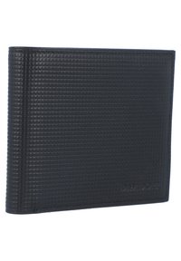 Black textured leather wallet with a square pattern, bi-fold design, embossed logo on the lower right, and clean edges.