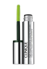 Mascara Clinique High Impact Extreme Volume in un tubo argento con un tappo nero. Spazzola di setole verdi con punta affusolata per un'applicazione definita.
