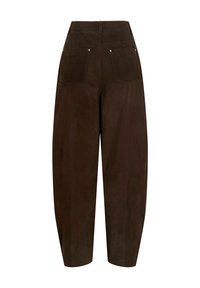 Pantalon marron foncé taille haute à jambes larges avec poches arrière et coutures visibles, vu de dos sur fond blanc.