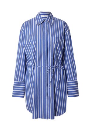 Blau-weiß gestreiftes Hemdkleid mit Kragen, Knopfleiste, einer Brusttasche und gebundenem Taillenband. Lange Ärmel mit Manschettendetails.