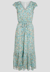 Robe midi florale en tissu vert menthe avec des manches à volants, un décolleté en V, une taille élastique et un ourlet à volants.