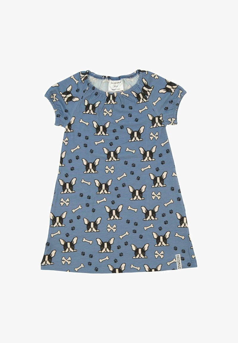 Sininen lyhythihainen mekko, jossa on mustavalkoisia koirankasvoja, luita ja tassunjälkiä kuvioina. Pehmeää kangasta, jossa on rypytetty pääntie.