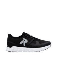 Black athletic shoes with a mesh upper, contrasting white sole, and a prominent gray logo. Features a textured design and lace-up closure.