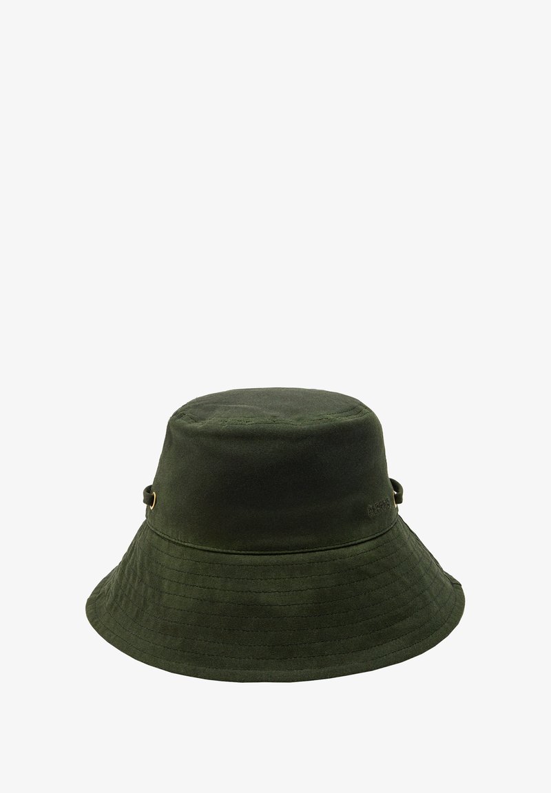 Zielona kapelusz typu bucket wykonany z miękkiego materiału, z szerokim rondem, pionową teksturą i dodatkowymi elementami z boku dla regulowalnego dopasowania.