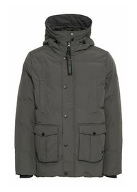 Chaqueta acolchada gris con un cuello alto, capucha ajustable y cierre de botones. Presenta dos grandes bolsillos frontales y una tela texturizada.