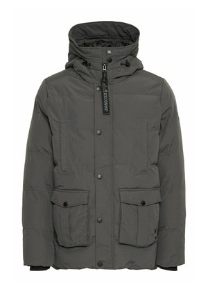 Graue Daunenjacke mit hohem Kragen, verstellbarem Kapuze und Knopfleiste. Verfügt über zwei große Fronttaschen und einen texturierten Stoff.