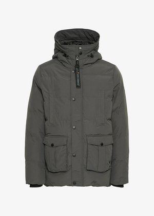 Gray puffer jacket with a high collar, adjustable hood, and buttoned front. Features two large front pockets and a textured fabric.