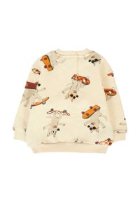 Felpa color crema con grafiche di cani che fanno skateboard su tavole colorate, con scollo tondo e polsini a costine. Tessuto morbido.