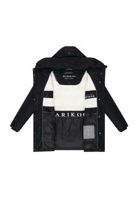 Black puffer jacket with a fur-lined interior, featuring multiple pockets and a logo on a white band. Front zip and snap closures visible.