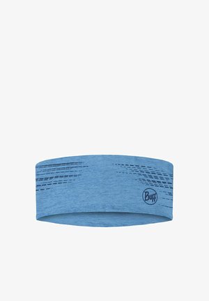 Diadema azul hecha de un tejido suave y elástico. Presenta un diseño texturizado con líneas oscuras y un logo circular de Buff en un lado.