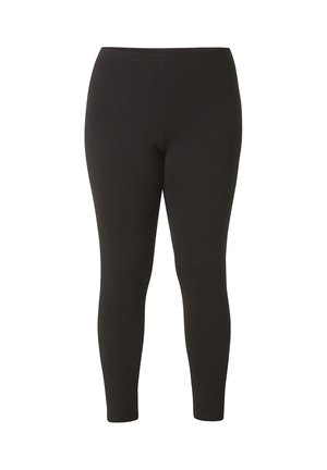 Zwarte rekbare legging met een elastische tailleband, een strakke pasvorm en volledige lengte, geschikt voor casual of sportief gebruik.