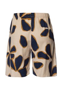 Beige Shorts mit großen marineblauen Blumenmustern und Akzenten in Senfgelb. Elastischer Bund, leichter Stoff, lässige Passform.