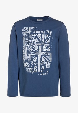 Chemise bleue à manches longues avec un grand motif fragmenté du drapeau blanc Union Jack et le texte "Pepe Jeans" sur le devant.