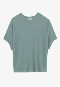 T-shirt z krótkim rękawem w stonowanym odcieniu teal, z prążkowaną strukturą, okrągłym dekoltem i luźnym krojem.