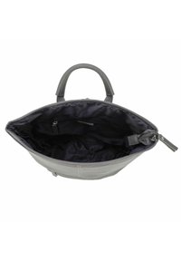 Borsa grigia con esterno strutturato, chiusura con zip, due manici arrotondati e un ampio interno nero con una tasca con zip.
