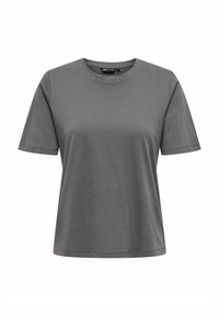 Camiseta gris de manga corta con un escote redondo, hecha de tela suave, que presenta un ajuste relajado y detalles de costura mínimos.
