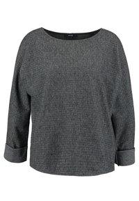 Grauer Pullover mit Hahnentrittmuster, weitem, rundem Ausschnitt und überschnittenen Schultern. Verfügt über gerollte Ärmelabschlüsse und eine lockere Passform.