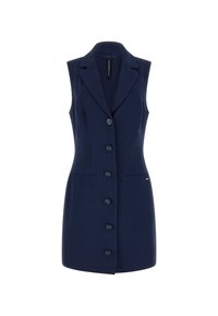Marineblaue ärmellose Kleid mit Kragen, ausgestattet mit sechs Knöpfen, zwei seitlichen Taschen und taillierter Passform. Glattes Material mit subtiler glänzender Oberfläche.