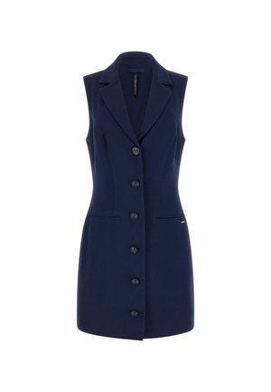 Navy blue sleeveless dress with a collar, featuring six buttons, two side pockets, and a tailored fit. Smooth fabric with subtle sheen.