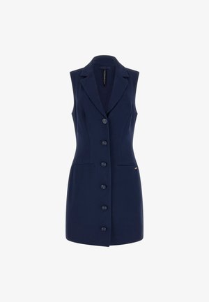 Navy blue sleeveless dress with a collar, featuring six buttons, two side pockets, and a tailored fit. Smooth fabric with subtle sheen.