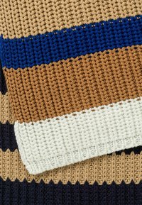 Couverture tricotée avec des rayures alternées en beige, marron, bleu marine et crème. Texturée avec un design tissé épais.