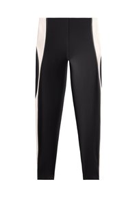 Leggings noirs avec des panneaux latéraux crème, fabriqués en tissu extensible, avec une silhouette ajustée et une texture lisse. Aucun matériel ou motif visible.