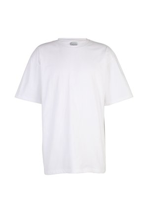 Lihtne valge lühikeste varrukatega puuvillane T-särk ümmarguse kaelusega ja lõdva lõikega, esitatud valgel taustal.