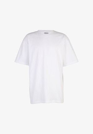 Effen witte katoenen T-shirt met korte mouwen, ronde hals en losse pasvorm, weergegeven op een witte achtergrond.